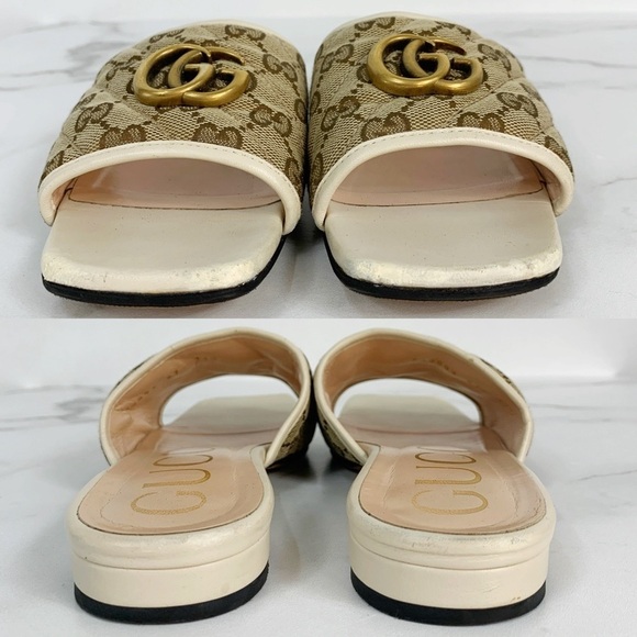 GUCCI Monogram Matelasse GG Marmont Flat Slide Sandals Beige Ebony Mystic White - Picture 7 of 15